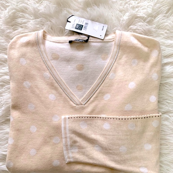 NWT Olsen Germany cotton blend V-neck relax fit womens in cream white polkadot - Picture 6 of 10